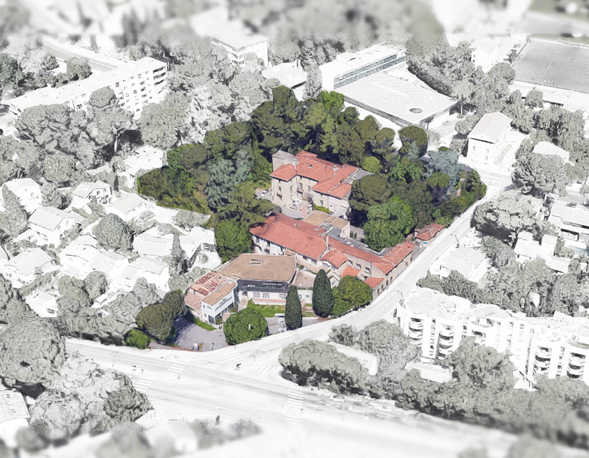 Vue aérienne d'étude, implantation dans le parc arboré